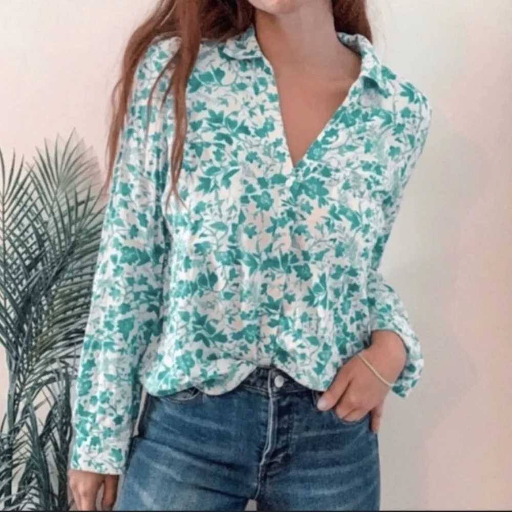 Anthropologie MAEVE Islet Teal and Cream Floral Button Up Blouse Size S